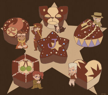 5boys aki_epiko ankh bad_id bad_pixiv_id cherry chibi chocolate dark-skinned_male dark_skin dog epiko_(aki) food fruit hermit_purple iggy_(jojo) jean_pierre_polnareff jojo_no_kimyou_na_bouken joseph_joestar joseph_joestar_(old) kakyoin_noriaki kuujou_joutarou looking_at_viewer mohammed_avdol multiple_boys one_eye_closed plant smile star_(symbol) the_fool_(stand) vines wink