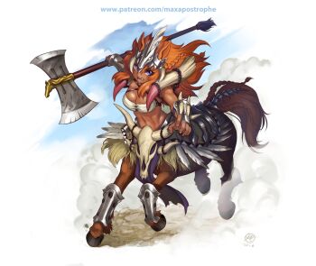Rule 34 | 1girl, animal ears, axe, bandeau, barding, braid, braided tail, breasts, brown hair, centaur, cleavage, commentary, criss-cross halter, criss-cross straps, english commentary, feathers, floating hair, forehead protector, full body, hair between eyes, halterneck, holding, holding axe, hooves, horse ears, horse tail, large breasts, long hair, looking at viewer, maxa', midriff, mixed-language commentary, monster girl, multiple legs, navel, open mouth, original, patreon username, purple eyes, red hair, running, shin guards, sidelocks, signature, single bare shoulder, skull, solo, tail, taur, teeth, vambraces, weapon, white bandeau