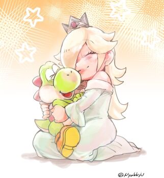>_< 1girl 80yakky ^_^ aged_down animal animal_hug bare_shoulders blonde_hair blush closed_eyes closed_mouth commentary_request crown dress eyelashes full_body hair_over_one_eye happy hug jewelry long_dress long_hair long_sleeves mario_(series) nintendo off-shoulder_dress off_shoulder one_eye_covered open_mouth rosalina seiza shoe_soles silver_crown sitting smile star_(symbol) twitter_username white_dress yoshi
