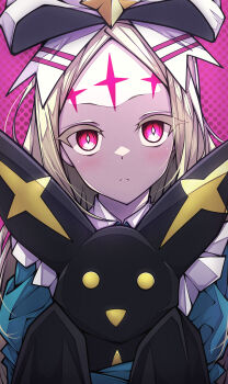 1girl absurdres blonde_hair blue_dress bow commentary cross dress expressionless facial_mark forehead_mark hair_bow highres holding kakuzatou_(cubesugar03196) long_hair looking_at_viewer mahou_shoujo_ni_akogarete morino_korisu nero_alice polka_dot polka_dot_background red_background red_eyes smile venalita white_bow yellow_eyes