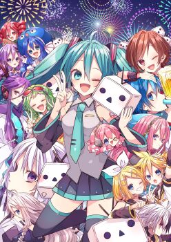 3boys 6+girls :d :o ;d ahoge alcohol arm_warmers baguette bare_shoulders beer black_hair black_sailor_collar black_skirt black_sleeves black_thighhighs blonde_hair blue_eyes blue_hair blue_hat blue_nails blue_necktie bread brown_hair cevio closed_mouth collared_shirt commentary_request detached_sleeves double-parted_bangs drill_hair eel_hat fireworks flower_(vocaloid) flower_(vocaloid4) food green_hair grey_shirt grin gumi hair_between_eyes hair_ornament hair_ribbon hairclip hand_up hat hatsune_miku headphones headset highres ia_(vocaloid) kafu_(cevio) kagamine_len kagamine_rin kaho_0102 kaito_(vocaloid) kamui_gakupo kasane_teto kasane_teto_(utau) long_hair long_sleeves looking_at_viewer megurine_luka meiko_(vocaloid) miniskirt multicolored_hair multiple_boys multiple_girls nail_polish necktie niconico number_tattoo one_eye_closed open_mouth otomachi_una parallel_hairclips parted_bangs pink_hair pleated_skirt purple_eyes purple_hair red_eyes red_hair ribbon sailor_collar shirt short_hair short_sleeves shoulder_tattoo skirt sleeveless sleeveless_shirt smile takoluka tattoo thighhighs tie_clip twin_drills twintails two-tone_hair utau v v-shaped_eyebrows vocaloid voiceroid white_hair white_ribbon white_shirt wide_sleeves wrist_cuffs yellow_necktie yuzuki_yukari zettai_ryouiki