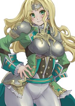 1girl absurdres aristocratic_clothes armor blonde_hair boobplate breastplate character_request closed_mouth commentary_request copyright_request covered_groin cowboy_shot curtained_hair earrings floating_hair forehead_protector frilled_sleeves frills green_eyes hands_on_own_hips highres jewelry long_hair long_sleeves looking_at_viewer parted_bangs pauldrons shoulder_armor simple_background smile solo upper_body v-shaped_eyebrows white_background wochi