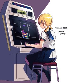 1girl arcade_cabinet black_shoes black_socks blonde_hair blue_sailor_collar blue_skirt breasts commentary full_body green_eyes hair_ornament highres kuroda_(kuro_yyy) loafers looking_at_screen low_twintails makoto_(kuroda_(kuro_yyy)) medium_breasts medium_hair on_stool original playing_games pleated_skirt sailor_collar school_uniform serafuku shoes simple_background sitting skirt socks solo stool symbol-only_commentary tetris tetromino thank_you twintails