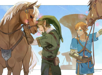 2boys artist_name blonde_hair blue_tunic brown_pants closed_eyes closed_mouth commentary_request epona green_hair green_tunic holding holding_reins horse licking_another&#039;s_hair link looking_at_another multiple_boys nintendo open_mouth pants reins shimaezl smile the_legend_of_zelda the_legend_of_zelda:_breath_of_the_wild the_legend_of_zelda:_twilight_princess tunic twitter_username
