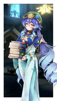 1girl aqua_dress blue_capelet book book_stack border capelet chehg closed_mouth commentary_request dress feet_out_of_frame genshin_impact green_hat hair_between_eyes hat highres holding holding_book layla_(genshin_impact) long_dress long_hair long_sleeves orange_eyes outside_border purple_hair solo standing very_long_hair white_border