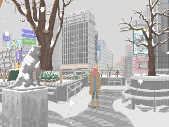 1girl animated animated_gif autumn autumn_leaves bare_tree bird blinking blue_dress brown_coat brown_footwear brown_hair building cherry_blossoms coat dress full_body grey_skirt hair_bun hand_fan hat holding holding_fan jacket japanese_clothes leaf long_hair looping_animation muscat_dot night orange_jacket original outdoors pendulum pixel_art rainbow red_hat red_scarf scarf seasons shibuya_(tokyo) shirt skirt snow snowing spring_(season) standing statue summer tokyo_(city) translation_request tree white_shirt