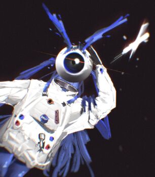 1girl absurdres alien arknights arm_up astronaut black_background commentary cowboy_shot english_commentary eyeball gloves highres komeryuu165 long_sleeves looking_at_viewer solo spacesuit the_presence_(arknights)