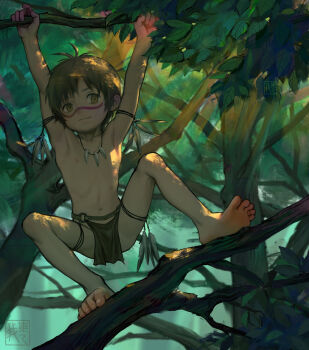 1boy armpits barefoot branch chenyige feathers jewelry loincloth male_focus necklace shota solo tagme tribal