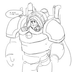 Rule 34 | 1boy, armor, cape, chapped lips, commentary, cowboy shot, death guard, english commentary, greyscale, korean text, lineart, male focus, monochrome, mortarion, mr10101110, pauldrons, primarch, shoulder armor, simple background, sketch, solo, unfinished, warhammer 40k, white background