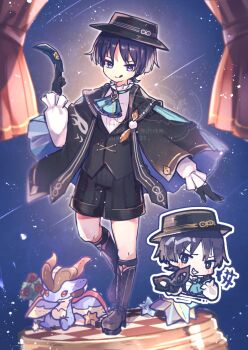 +++ 1boy :d alternate_costume arm_at_side ascot black_boots black_cloak black_gloves black_hair black_hat black_mask black_shorts black_vest blue_ascot blue_cloak blue_mask blunt_ends boater_hat boots bright_pupils character_doll cloak collared_shirt commentary_request curtains doll dragon dress_shirt eye_mask eyeliner eyeshadow feathers flower formal_clothes frilled_shirt_collar frilled_sleeves frills full_body genshin_impact gloves gold_trim grin gurumin_(gurruguru) half_gloves hand_up hat holding holding_mask knee_boots lace-up_boots lapels layered_ascot long_hair looking_at_viewer makeup male_focus mask mini_durin_(dragon)_(genshin_impact) mini_durin_(genshin_impact) night night_sky open_mouth plant pom_pom_(clothes) potted_plant purple_ascot purple_eyes red_eyeliner red_eyeshadow red_flower red_rose rose scaramouche_(genshin_impact) shirt shooting_star shorts sky small_dragon smile solo standing star_(sky) starry_sky_background striped_clothes striped_shorts teeth tile_floor tiles tongue tongue_out two-sided_cloak two-sided_fabric undershirt vest wanderer_(genshin_fes_2026)_(genshin_impact) wanderer_(genshin_impact) watermark white_pupils white_shirt white_sleeves white_trim wispy_bangs yellow_feathers