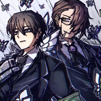 Rule 34 | 2boys, alternate costume, artist name, ascot, asymmetrical bangs, bags under eyes, beard stubble, black-framed eyewear, black ascot, black butterfly, black coat, black eyes, black hair, black necktie, black suit, black vest, brooch, brown hair, bug, butterfly, chromatic aberration, cigarette, closed mouth, coat, collared shirt, dress shirt, dutch angle, e.g.o (project moon), expressionless, eyes visible through hair, facial hair, formal clothes, gem, glasses, gloves, gregor (project moon), grey background, gun, hair between eyes, hair over one eye, hair over shoulder, half-closed eyes, hand up, handgun, highres, holding, holding gun, holding weapon, insect, jacket, jewelry, limbus company, lobotomy corporation (identity) (project moon), long hair, long sleeves, looking ahead, looking to the side, low ponytail, male focus, mouth hold, multiple boys, necktie, one eye covered, open clothes, open coat, parted bangs, parted lips, photoshop (medium), pistol, ponytail, portrait, project moon, purple brooch, purple gem, revolver, semi-rimless eyewear, shirt, short hair, signature, simple background, sketch, smile, smirk, smoking, solemn lament (e.g.o), standing, stubble, suit, teeth, under-rim eyewear, upper body, vest, wavy hair, weapon, white background, white butterfly, white gloves, white shirt, wings, yellow eyes, yi sang (project moon)