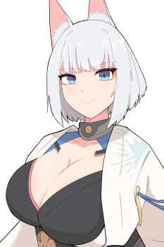 1girl absurdres animal_ears azur_lane blue_eyes blush breasts cleavage cleavage_cutout clothing_cutout eyeshadow fox_ears fox_girl happy highres japanese_clothes kaga_(azur_lane) kimono large_breasts looking_at_viewer ma3fal makeup medium_hair pink_eyeshadow sakura_empire_(emblem) smile solo upper_body white_hair white_kimono