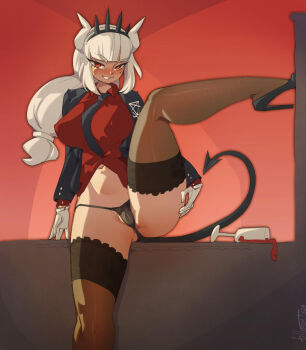 2024 alcohol artist_name black_jacket black_necktie blush cleft_of_venus collared_shirt cup dated demon_girl demon_horns demon_tail drinking_glass eyelashes fullmontis gloves helltaker high_heels highres horns jacket knees lucifer_(helltaker) mole mole_under_eye navel necktie panties red_eyes red_shirt shirt skindentation smile tail teeth thighhighs underwear white_gloves white_hair wine wine_glass