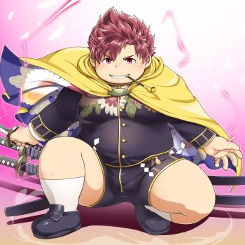 1boy bara bizen_(tamacolle) black_shoes brown_hair bulge cape dust electricity fat fat_man full_body gakuran highres katana kiseru loafers looking_at_viewer male_focus mouth_hold nol pink_background pink_eyes pipe_in_mouth school_uniform shoes short_hair shorts smoking_pipe socks solo squatting sword tamacolle teeth_hold weapon white_socks yellow_cape
