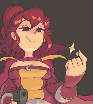 Rule 34 | aiming, anna (fire emblem), breasts, cape, cleavage, davewaterfalls, fire emblem, fire emblem awakening, gun, handgun, nintendo, ponytail, red eyes, red hair, rubbing fingers, smug, weapon