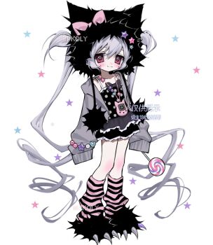 1girl :3 animal_ear_headwear black_hair bow bracelet candy closed_mouth commentary fake_animal_ears food frilled_skirt frills full_body grey_hair grey_jacket hair_between_eyes highres holding holding_candy holding_food holding_lollipop jacket jewelry leg_warmers lollipop long_hair original paw_shoes pink_bow pink_eyes pkolypop polka_dot polka_dot_shirt shirt simple_background skirt sleeves_past_fingers sleeves_past_wrists smile solo star_(symbol) striped_leg_warmers symbol-only_commentary tamagotchi_(virtual_pet) twintails very_long_hair virtual_pet_(toy) white_background