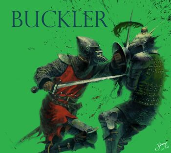 Rule 34 | 2others, armet, armor, aventail, black boots, boots, buckler, chain, chainmail, couter, cuisses, dated, facing another, feathered helmet, feet out of frame, fighting, greaves, green background, gweon jun young, highres, holding, holding sword, holding weapon, knee armor, knight, leather belt, medieval, multiple others, original, pauldrons, red shirt, rerebrace, scabbard, sheath, shield, shirt, shockwave, shoulder armor, signature, studded armor, sword, vambraces, weapon