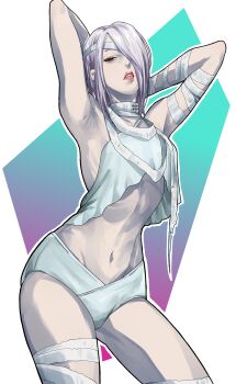 Rule 34 | 1girl, a.k.i. (street fighter), absurdres, armpits, arms up, bandaged arm, bandaged leg, bandages, commentary, english commentary, hair over one eye, highres, knew nothing, official alternate costume, official alternate hairstyle, solo, street fighter, street fighter 6, teeth