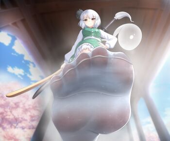 1girl absurdres feet hand_on_own_hip highres konpaku_youmu looking_at_viewer medium_hair ming pov red_eyes smile socks soles steam sweat toes touhou white_hair