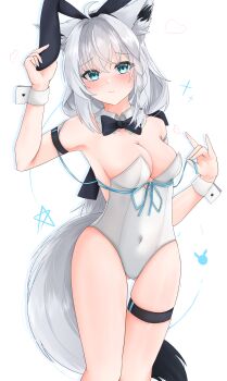 Rule 34 | 1girl, absurdres, ahoge, animal ear fluff, animal ears, arm strap, black bow, black bowtie, blue ribbon, blush, bow, bowtie, braid, breasts, commentary request, detached collar, earrings, fake animal ears, fox ears, fox girl, fox tail, green eyes, hair between eyes, highres, holding, holding ribbon, hololive, jewelry, leotard, long hair, looking at viewer, medium breasts, pentagram, playboy bunny, rabbit ears, ribbon, shirakami fubuki, sidelocks, simple background, single braid, solo, st-147, tail, thigh strap, virtual youtuber, white background, white hair, white leotard, wrist cuffs