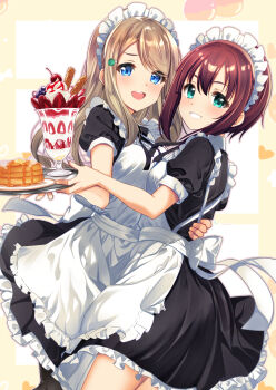 2girls :d absurdres apron ayase_alisa black_dress black_pantyhose blue_eyes breasts brown_hair comiket_107 commentary_request dress food frilled_apron frilled_dress frills fruit green_eyes highres holding holding_tray kosaka_yukiho long_hair love_live! love_live!_school_idol_project mad_(hazukiken) maid maid_apron maid_headdress medium_breasts multiple_girls open_mouth pancake pancake_stack pantyhose parfait plate puffy_short_sleeves puffy_sleeves short_sleeves smile strawberry tray very_long_hair white_apron
