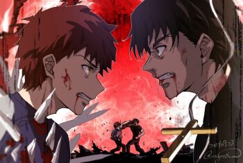 2boys blood blood_from_mouth blood_on_face brown_eyes brown_hair clenched_teeth commentary_request constricted_pupils cross dated emiya_shirou face_punch fate/stay_night fate_(series) heaven&#039;s_feel in_the_face kotomine_kirei majimaaa male_focus multiple_boys muscular muscular_male nosebleed punching red_eyes serious signature spikes teeth