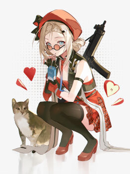 1girl absurdres black_gloves black_thighhighs blonde_hair blue_eyes blue_necktie cat chinese_commentary commentary_request drink_carton drinking drinking_straw fingerless_gloves full_body girls'_frontline girls'_frontline_2:_exilium gloves gradient_necktie gun gun_sling heart high_heels highres holding holding_milk_carton looking_at_viewer medium_hair meng_ziya milk_carton mp5_(girls'_frontline) necktie orange-tinted_eyewear peri_(girls'_frontline_2) plaid_clothes plaid_skirt pleated_skirt red_footwear red_gloves red_necktie red_skirt round_eyewear shoes simple_background skirt squatting submachine_gun thighhighs tinted_eyewear two-tone_gloves two-tone_necktie weapon white_background
