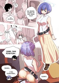 1boy 1girl aoi_(blue_archive) ass ass_press bare_shoulders belt black_belt black_hair blue_archive blue_eyes blue_hair blue_halo breasts bulge dress english_text erection erection_under_clothes glasses halo hetero large_breasts mabufuyo pointy_ears sensei_(blue_archive) shirt short_hair sleeveless sleeveless_shirt speech_bubble train train_interior white_shirt yellow_dress