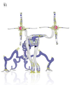 1other abstract artist_name colored_sclera daopenpen full_body highres machine no_humans non-humanoid_robot original red_sclera reflection robot science_fiction simple_background white_background white_eyes