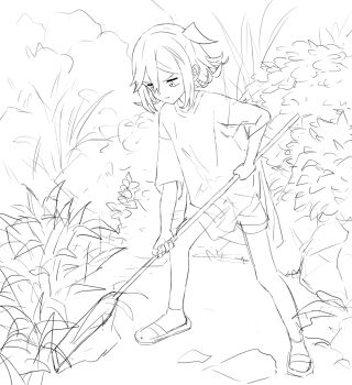 1girl :t closed_mouth commentary_request digging full_body grass hair_between_eyes holding holding_shovel looking_down mechnmechn monochrome original outdoors sandals shirt short_hair shorts shovel side_ponytail sidelocks socks solo standing