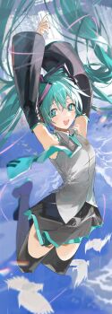 Rule 34 | 1girl, :d, absurdres, aqua eyes, aqua hair, aqua necktie, aqua trim, arms up, bird, black shoes, black skirt, black sleeves, black thighhighs, blue sky, blurry, chinese commentary, cloud, collared shirt, colored shoe soles, commentary, crossed bangs, day, depth of field, detached sleeves, falling, fish (red star child), floating hair, full body, grey shirt, hair ornament, hatsune miku, highres, lens flare, long hair, long sleeves, looking at viewer, miniskirt, necktie, open mouth, outdoors, pink ribbon, ribbon, shirt, shoes, simple bird, skirt, sky, sleeveless, sleeveless shirt, smile, solo, thighhighs, tie clip, twintails, very long hair, vocaloid, wide sleeves