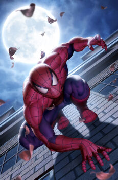 1boy blue_sky blurry bodysuit brick_wall comic_cover commentary crawling depth_of_field english_commentary falling_leaves from_below full_moon highres leaf looking_at_viewer male_focus marvel mask moon muscular muscular_male night no_pupils official_art on_wall signature sky solo spider-man spider-man_(series) spider_web_print superhero_costume window yoon_junggeun