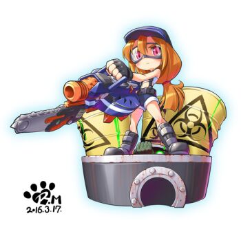 1girl 1other 2016 acid ambiguous_gender bad_id bare_arms bare_shoulders baseball_cap belt biohazard_symbol black_belt black_boots black_gloves blue_hat blue_shorts boots buckle chainsaw colored_skin commentary_request dated deformed denim denim_shorts drum_(container) engineering_nonsense faux_figurine fingerless_gloves full_body gloves glowing glowing_eyes goggles green_eyes green_skin gun hair_between_eyes hair_tie hat holding holding_chainsaw holding_gun holding_weapon knee_boots korean_commentary long_hair low-tied_long_hair low_ponytail manhole_cover nerf orange_hair ponytail red_eyes roadmaxter rust shorts signature simple_background snap-fit_buckle solo_focus strapless tube_top unconventional_weapon v-shaped_eyebrows very_long_hair weapon white_background white_tube_top