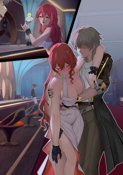 1boy 1girl absurdres alcohol black_coat black_jacket blush breasts caelus_(honkai:_star_rail) carrying cleavage closed_eyes coat cup dress drinking drinking_glass drunk gloves grey_hair hair_between_eyes highres himeko_(honkai:_star_rail) holding holding_cup honkai:_star_rail honkai_(series) hood hooded_coat jacket large_breasts long_hair mole mole_on_breast open_mouth red_eyes red_hair smile standing trailblazer_(honkai:_star_rail) two-sided_fabric two-sided_jacket wewlife white_dress yellow_coat