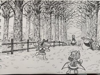 Rule 34 | 3girls, ajirogasa, apron, bare tree, barefoot, boots, bow, character snowman, cirno, daiyousei, dress, fairy, fairy wings, fence, fur-trimmed boots, fur trim, greyscale, grin, hair bow, hat, highres, holding, holding snowball, ice, ice wings, letty whiterock, monochrome, multiple girls, one side up, outdoors, photo (medium), pinafore dress, skirt, sleeveless, sleeveless dress, smile, snow, snowball, snowball fight, suteruko, touhou, traditional media, tree, vest, waist apron, wings, winter, winter clothes, wooden fence, yatadera narumi