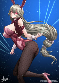1girl adsouto alexandrina_sebastiane animal_ears breasts cropped_vest eye_trail fake_animal_ears fake_tail fishnet_pantyhose fishnets green_hair high_heels highres large_breasts leotard light_trail long_hair looking_at_viewer low-tied_long_hair pantyhose parted_lips playboy_bunny rabbit_ears rabbit_tail red_eyes red_vest signature solo strapless strapless_leotard string tail variant_set very_long_hair vest wrist_cuffs zenless_zone_zero