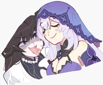 Rule 34 | 2girls, :d, bare shoulders, bead necklace, beads, black hair, black swan (honkai: star rail), breasts, cleavage, closed eyes, commentary, constance (honkai: star rail), highres, honkai: star rail, honkai (series), horns, jewelry, long hair, multiple girls, necklace, open mouth, purple eyes, purple hair, smile, tongue, tongue out, unfamousradish, veil, yuri