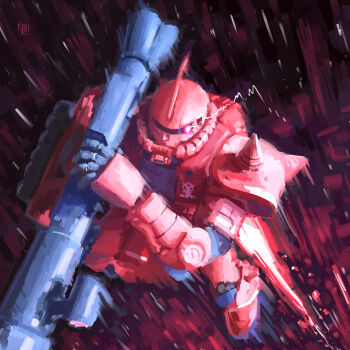 absurdres battle bazooka_(gundam) cable commentary concept_art english_commentary engrish_commentary gundam highres lens_flare machinery mecha mecha_focus mobile_suit mobile_suit_gundam motion_lines no_humans one-eyed radio_antenna robot roundel science_fiction shield shoulder_spikes space spikes vinoburrito zaku_ii_s_char_custom zeon zero_gravity