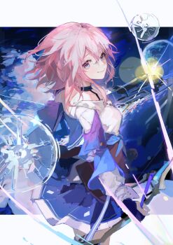 1girl arrow_(projectile) astral_express_(honkai:_star_rail) black_choker blue_eyes blue_jacket blue_skirt blue_sky border bow_(weapon) breasts brown_corset buttons cheevvie choker closed_mouth collarbone collared_shirt corset cowboy_shot from_side gloves hair_between_eyes highres holding holding_bow_(weapon) holding_weapon honkai:_star_rail honkai_(series) jacket long_sleeves looking_at_viewer march_7th_(honkai:_star_rail) march_7th_(preservation)_(honkai:_star_rail) medium_breasts multicolored_eyes open_clothes open_jacket outdoors outside_border partially_fingerless_gloves pink_hair pleated_skirt puffy_long_sleeves puffy_sleeves purple_eyes purple_gloves shirt short_hair sidelocks skirt sky smile snowflakes solo space standing thigh_strap tied_jacket train weapon white_border white_shirt