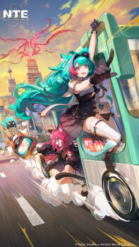 2girls absurdres animal_ear_fluff animal_ear_legwear animal_ears aqua_hair black-framed_eyewear black_gloves black_jacket black_unitard breasts cat_ear_legwear cat_ears cat_girl cat_tail colored_eyelashes company_name copyright_logo copyright_name cross_in_eye english_text glasses gloves hair_ornament highres jacket large_breasts logo looking_at_viewer mint_(nte) multicolored_hair multiple_girls nanally_(nte) neverness_to_everness official_art open_mouth pink_eyes pink_streaks red_eyes red_hair skirt smile streaked_hair tail taygedo_(nte) tiered_skirt tiger_ears tiger_girl tiger_tail