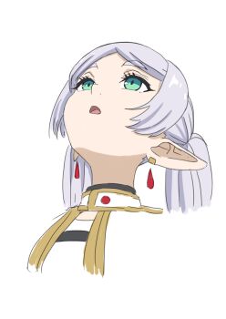 1girl :o absurdres capelet commentary_request cropped_head earrings elf frieren gold_trim green_eyes grey_hair hakuino_hakase head_back highres jewelry long_pointy_ears looking_up meme parted_bangs parted_lips pointy_ears shirt simple_background solo sousou_no_frieren striped_clothes striped_shirt teardrop_earrings thick_eyebrows twintails upper_body upward_angle_frieren_drawing_(meme) white_background white_capelet