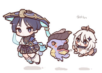 1boy 1girl arms_at_sides black_bodysuit black_bow black_bridal_gauntlets black_cape black_eyes black_hair black_scarf black_shorts blue_kimono blue_sleeves blunt_ends blush_stickers bodysuit bow bridal_gauntlets bright_pupils cape diamond_hair_ornament dragon eyeliner eyeshadow flying genshin_impact gold hair_between_eyes hakama hakama_shorts halo hat hoshizuki_chimama japanese_clothes jingasa juban kimono layered_sleeves leg_warmers long_sleeves looking_at_another looking_to_the_side makeup mandarin_collar mini_durin_(dragon)_(genshin_impact) mini_durin_(genshin_impact) open_clothes open_kimono open_mouth paimon_(genshin_impact) pleated_shorts purple_eyes purple_hat purple_rope red_eyeliner red_eyeshadow romper rope scaramouche_(genshin_impact) scarf short_hair short_sleeves shorts shoulder_peek small_dragon tareme traditional_halo twitter_username wanderer_(genshin_impact) white_background white_hair white_kimono white_leg_warmers white_pupils white_romper white_sleeves yellow_halo