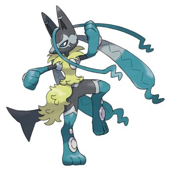 animal_ears black_fur blue_eyes blue_fur body_fur colored_skin furry gen_4_pokemon jackal long_hair lucario mega_lucario_z mega_pokemon nintendo no_humans official_art pokemon pokemon_(creature) pokemon_focus pokemon_legends:_z-a tail third-party_source v-shaped_eyes yellow_fur