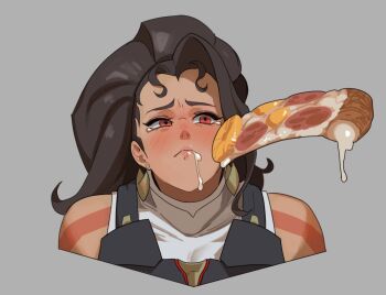 1girl bare_shoulders black_hair blush cheese cheese_trail closed_mouth commentary cropped_shoulders earrings food food_on_face grey_background hawaiian_pizza hong_doo jewelry long_hair looking_to_the_side overwatch phallic_symbol pineapple_on_pizza pizza pizza_slice red_eyes sexually_suggestive simple_background solo stud_earrings symbol-only_commentary tearing_up vendetta_(overwatch)
