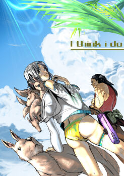 1boy 1girl animal ass back bikini dingo dingo_daikazoku dingos dog english_text gun hood kyan-dog original plant puppet short_hair silver_hair swimsuit weapon