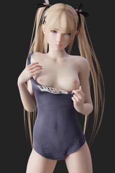 1girl 3d bare_shoulders black_ribbon blender_(medium) blonde_hair blue_eyes breasts character_name clothes_pull collarbone commentary dead_or_alive dead_or_alive_5 female_focus grey_background hair_ribbon highres kaiser_frey long_hair looking_at_viewer marie_rose nail_polish nipples one-piece_swimsuit one-piece_swimsuit_pull pink_nails ribbon school_swimsuit simple_background solo swimsuit twintails upper_body