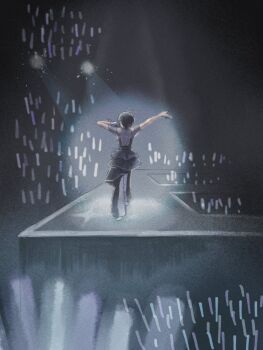 antenna_hair black_background black_hair black_skirt gloves glowstick highres idol idolmaster idolmaster_(classic) kikuchi_makoto microphone music nemuko_(minkoooozzz) outstretched_arms penlight_(glowstick) singing single_glove skirt stage stage_lights white_gloves white_trim