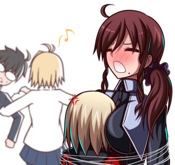 Rule 34 | 2boys, 2girls, ahoge, arcueid brunestud, bdsm, between breasts, blonde hair, blue skirt, blush, bondage, bound, breasts, brown hair, closed eyes, glasses, hair between eyes, hair ornament, hair scrunchie, highres, hood, hoodie, large breasts, mario gallo bestino, miniskirt, mole, mole under mouth, multiple boys, multiple girls, musical note, noel (tsukihime), nun, open mouth, piano machine (type-moon), red hoodie, sakurello, school uniform, scrunchie, short hair, side ponytail, skirt, souya high school uniform, sweat, sweater, tohno shiki, tsukihime, tsukihime (remake), tunic, turtleneck, turtleneck sweater, wing collar