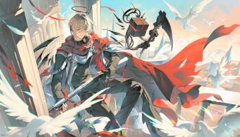 1boy absurdres arknights bird black_gloves black_halo black_jacket black_pants black_wings blonde_hair blue_eyes building chinese_commentary cloak closed_mouth commentary_request cube_of_the_law_(arknights) day detached_wings dove executor_(arknights) executor_the_ex_foedere_(arknights) feathers feet_out_of_frame fingerless_gloves gloves gun hair_between_eyes halo highres holding holding_scythe holding_weapon jacket liangjiu373 long_sleeves looking_at_viewer male_focus outdoors pants railing red_cloak rifle scythe short_hair sitting sky solo weapon wings