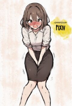 1girl black_skirt blush breasts brown_eyes brown_hair crotch_grab have_to_pee jewelry knees_together_feet_apart looking_at_viewer medium_breasts necklace office_lady open_mouth original peeenjoyer pencil_skirt shirt short_hair short_sleeves skirt standing sweat tears trembling white_background white_shirt